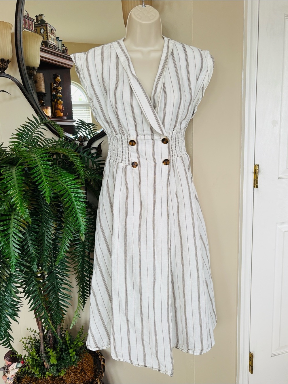 Donna Karan White Striped Linen Cotton Sleeveless Flare Smocked Wrap Midi Dress